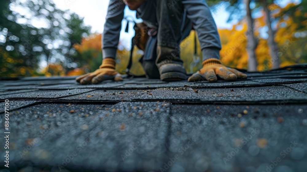 Close-up of a construction worker's hands on a roof, wearing gloves. Autumn foliage in the background. Close-up of a construction worker's hands on a roof, wearing gloves. Autumn foliage in the background.