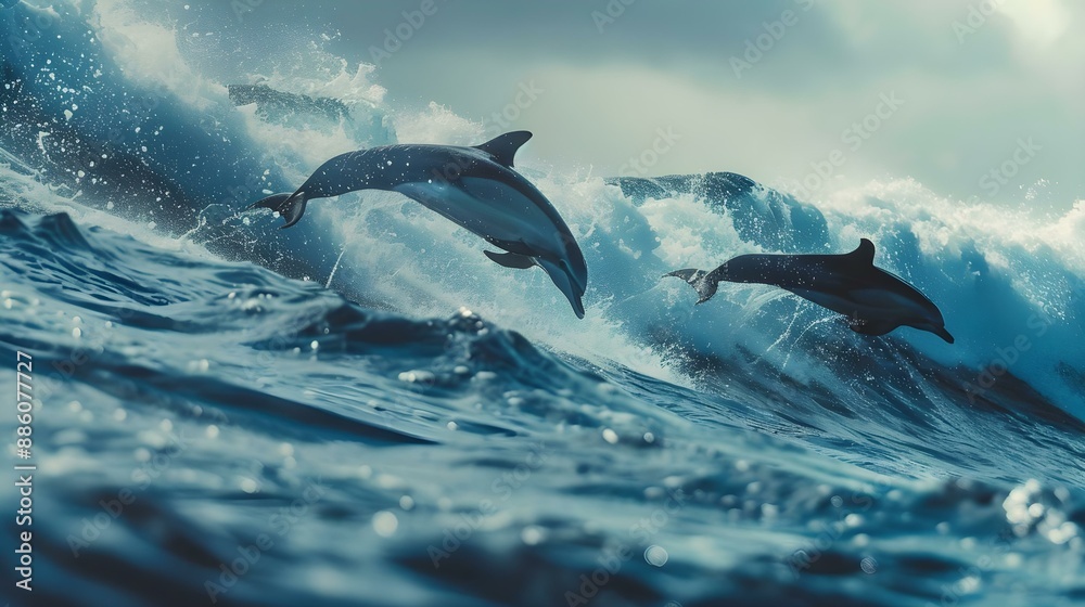 Obraz premium Playful dolphins jumping over breaking waves in Hawaii