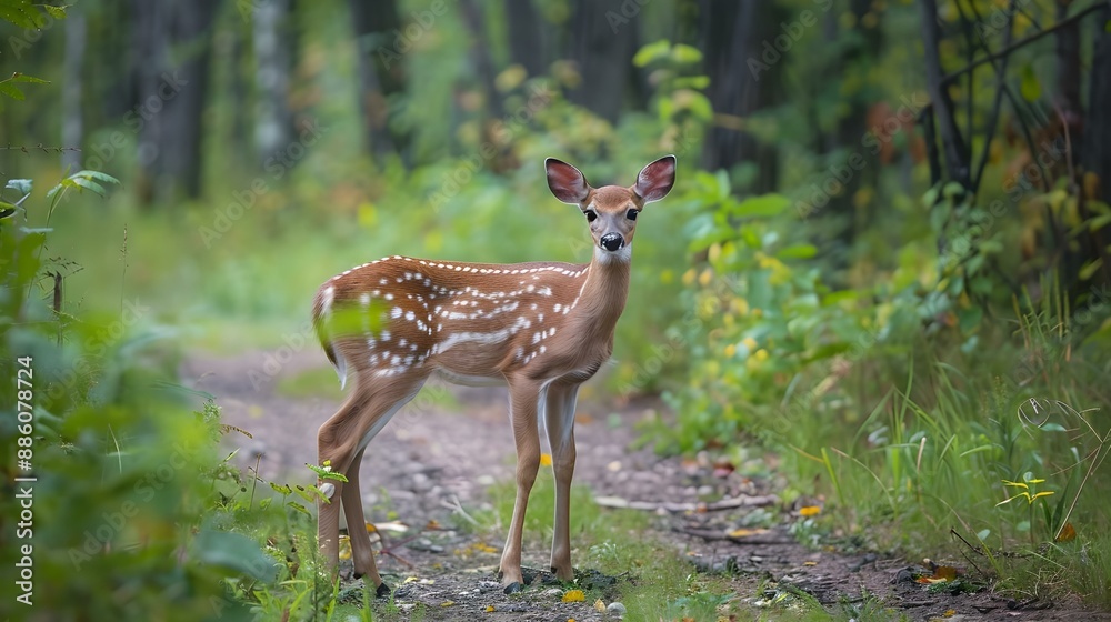 White-tailed deer fawn with hind on natural trail White-tailed deer fawn with hind on natural trail