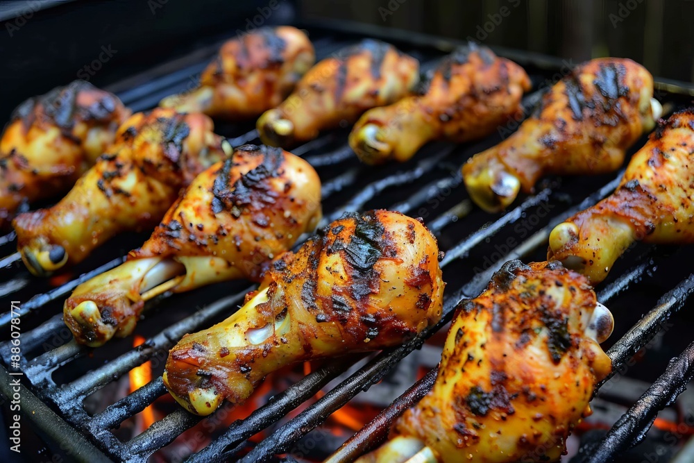 Barbecue chicken legs cooking on the grill with flames below Barbecue chicken legs cooking on the grill with flames below