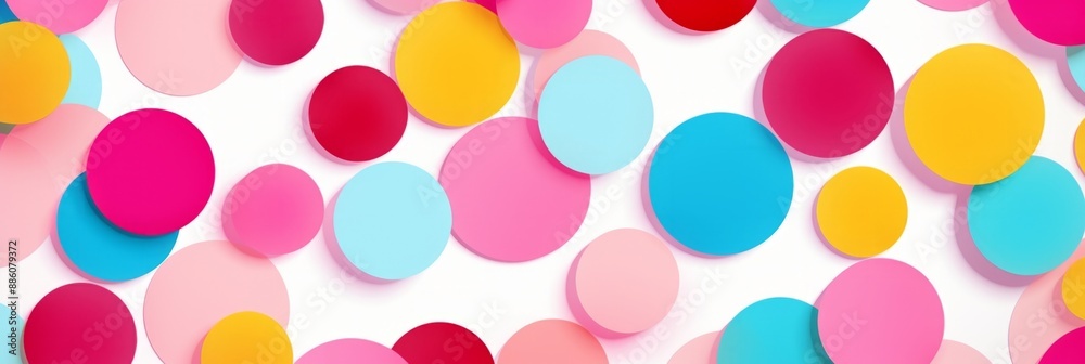 Colorful paper circles of pink, red, yellow, and blue are scattered across a white background