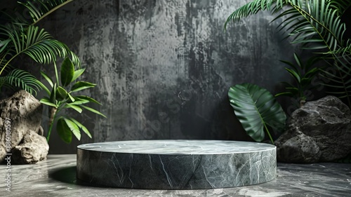 Stone podium for product presentation mockup with tropical leaves on dark background © CaptainMCity
