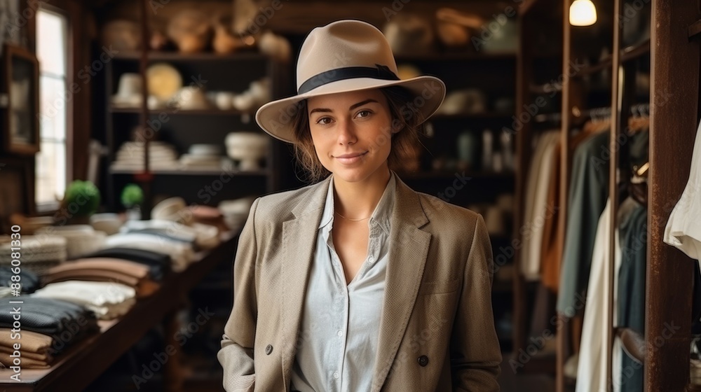 Young female entrepreneur posing in stylish fashion boutique for business promotion Young female entrepreneur posing in stylish fashion boutique for business promotion