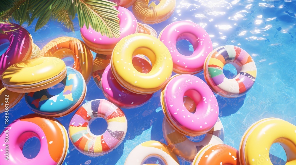 Obraz premium Summer pool party colorful pool floats in swimming pool, aerial view 3d render