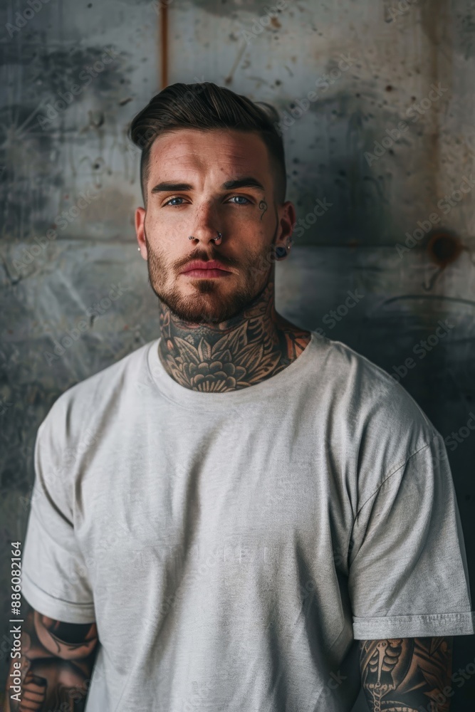 Oversize white style t-shirt mockup photo with handsome man with tattoos and light concrete background Oversize white style t-shirt mockup photo with handsome man with tattoos and light concrete background
