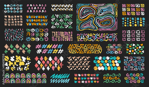 Grunge paint ornament doodles. Scribbles collection. Quirky ink doodles. Ethnic tribal ornaments doodles. Retro ornament for patterns. Ethnic grunge.