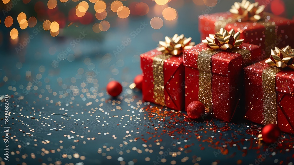 Christmas banner. Realistic gold gift box with red bow, pine branches, golden stars and glitter confetti. Xmas background, cover, poster, greeting cards, headers website. Christmas banner. Realistic gold gift box with red bow, pine branches, golden stars and glitter confetti. Xmas background, cover, poster, greeting cards, headers website.