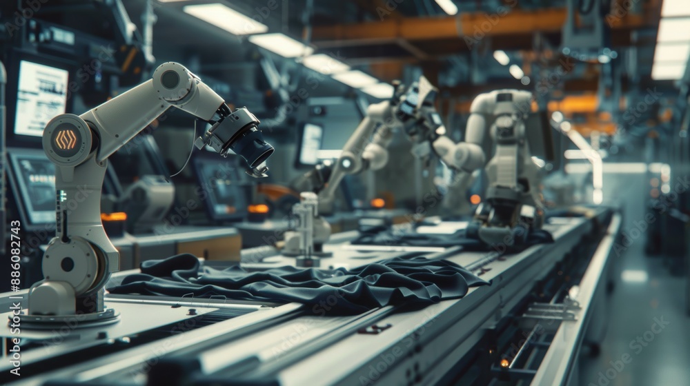 Precise robotic arms manage fabric with care and accuracy in a modern production setting, illustrating advanced manufacturing techniques. Precise robotic arms manage fabric with care and accuracy in a modern production setting, illustrating advanced manufacturing techniques.