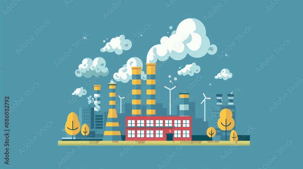 Vector illustration of a factory complex with smokestacks and wind turbines, depicting industrial pollution and renewable energy sources. Vector illustration of a factory complex with smokestacks and wind turbines, depicting industrial pollution and renewable energy sources.