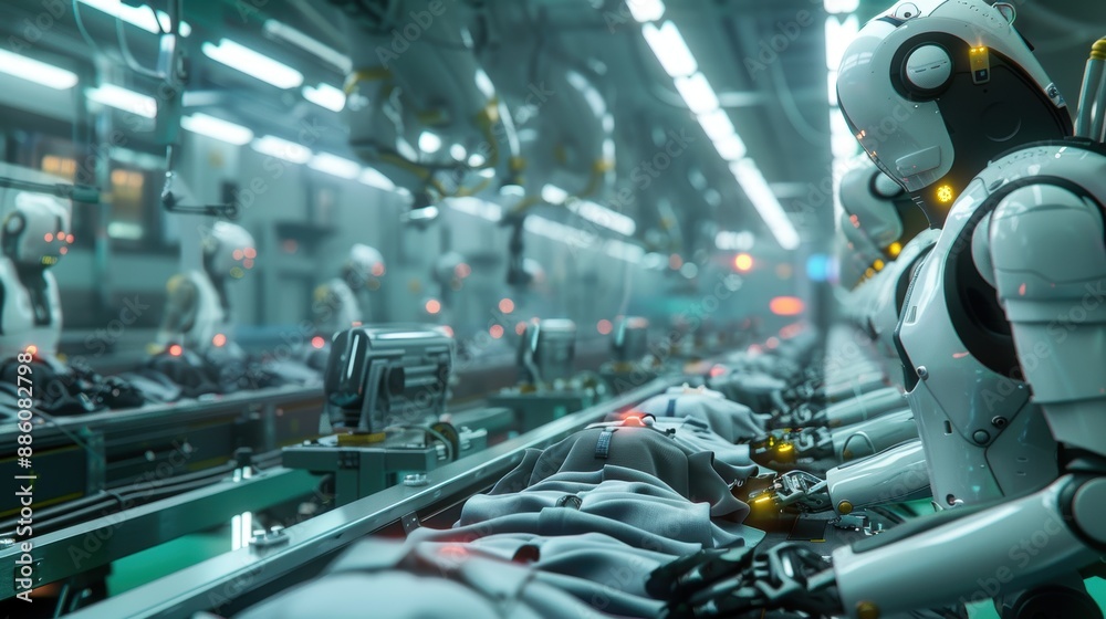 Robots equipped with fine tools sew and handle fabric, demonstrating automation in the textile industry.