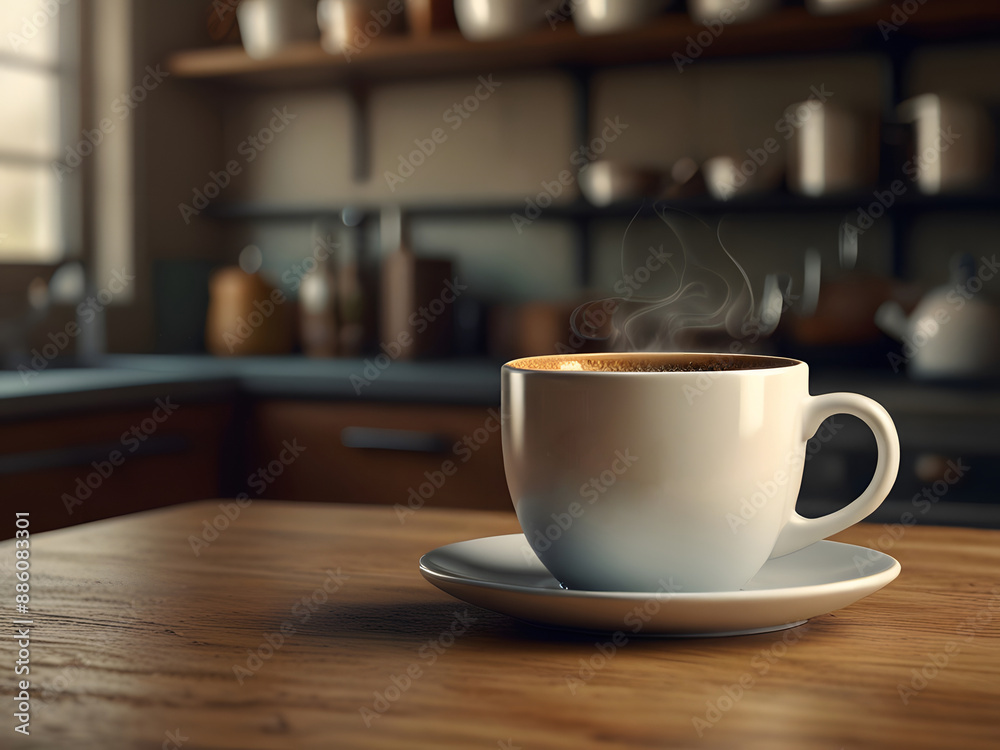 Coffee in a white ceramic mug Placed on a wooden table in a cozy kitchen. Suitable for promoting coffee brands. kitchen appliances or lifestyle content Coffee in a white ceramic mug Placed on a wooden table in a cozy kitchen. Suitable for promoting coffee brands. kitchen appliances or lifestyle content