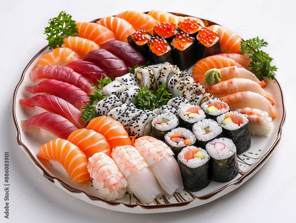 A Plentiful Plate of Sushi and Sashimi for a Delicious Meal A Plentiful Plate of Sushi and Sashimi for a Delicious Meal