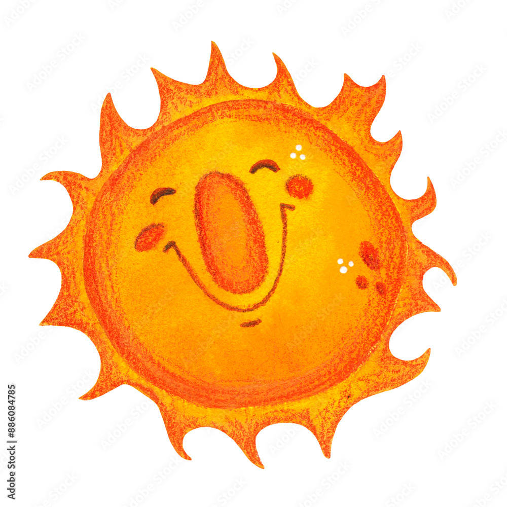 Isolated object cartoon character sun on white background, hand drawn watercolor illustration. isolate, isolated, white background, sun, cartoon, character, solar system