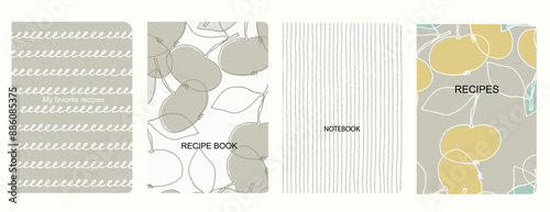 Cover page vector templates for recipe books based on seamless patterns with hand drawn fruits, vegetables, kitchen utensils Healthy fruit, vegan food concept