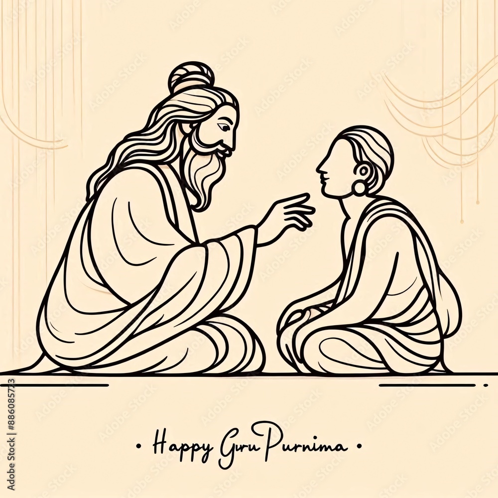 Obraz premium Minimalist Line Art Illustration: Guru and Disciple in a Moment of Teaching, Simple 'Happy Guru Purnima' Text