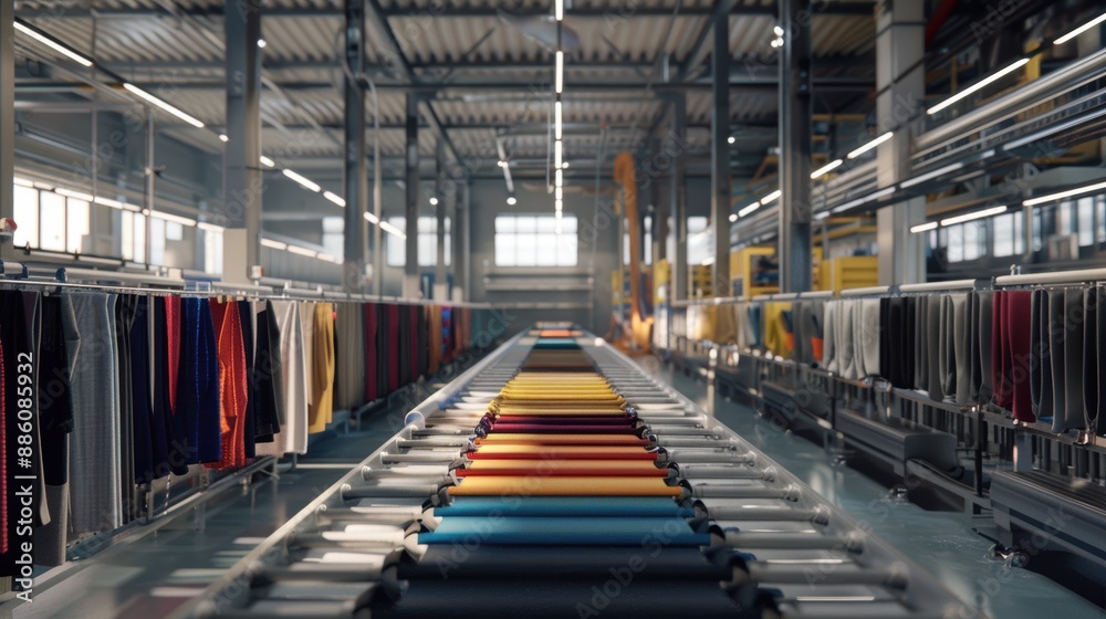Fabrics of various colors and textures move along a conveyor system in a modern textile production facility. Fabrics of various colors and textures move along a conveyor system in a modern textile production facility.