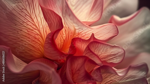 close-up of a delicate pink red flower with intricate petal details against a dark background, highlighting soft textures and elegant curves