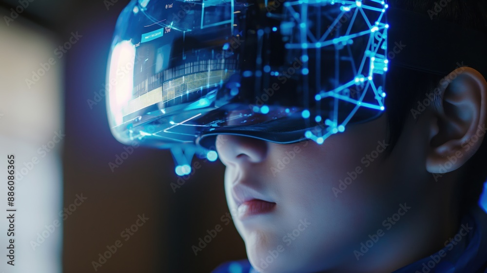 School Student Using VR Headset with AI Technology and Machine Learning School Student Using VR Headset with AI Technology and Machine Learning