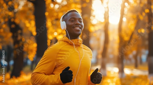 Happy Black Man Jogging in Park with Headphones, Running for Mental Health and Fitness

