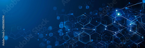 Blue background with a hexagon pattern and technology elements, using a dark blue color theme. The banner has space for text or design in the center of an abstract digital network concept