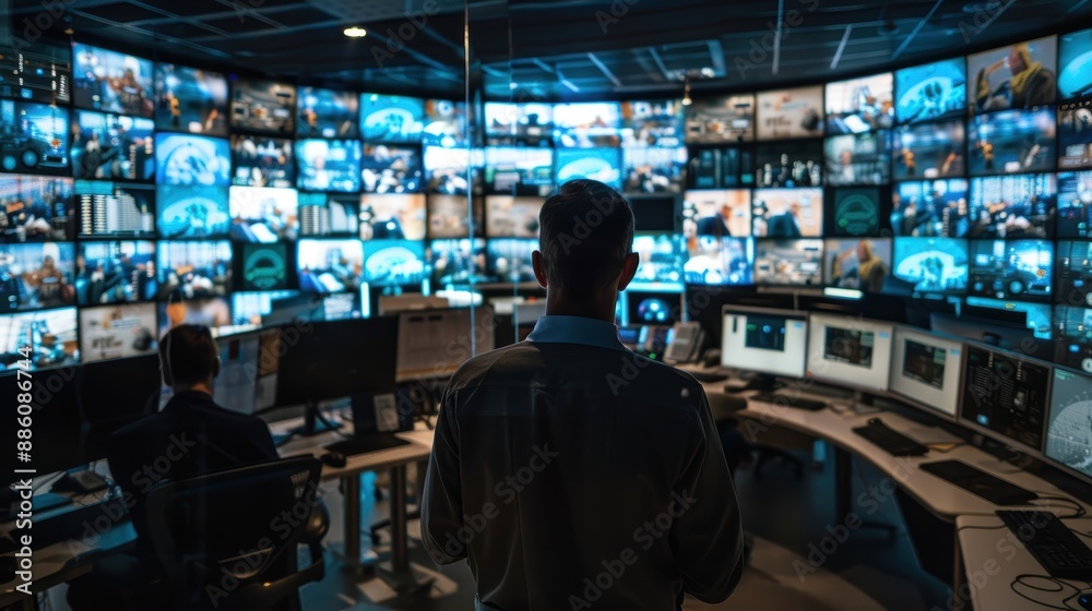 A man oversees operations from a central command center filled with screens. A man oversees operations from a central command center filled with screens.