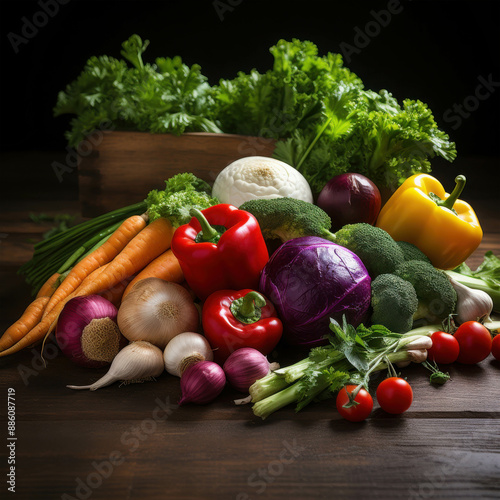 A Collection of Fresh and Colorful Vegetables Neatly Arranged on a Wooden Table in a Dark Background