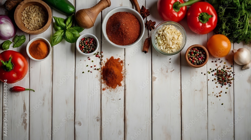 White wood cooking background. Spices and vegetables. Top view. Free space for your text. White wood cooking background. Spices and vegetables. Top view. Free space for your text.
