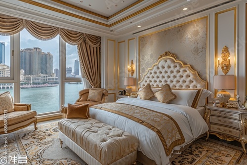 Hotel Room With Luxury Suite  High-end furniture  large space  and opulent decor with gold accents.