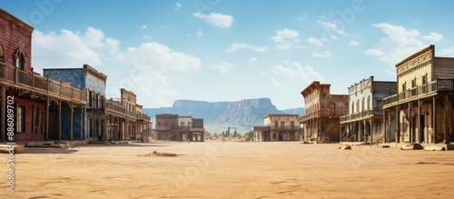 A realistic photo of an old western town street with buildings and stage coats  dusty ground  blue sky and desert background.