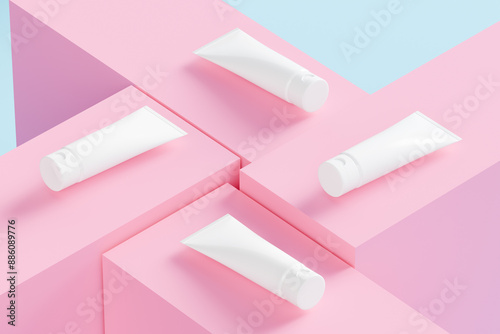Minimalist rendering of white facial cosmetic tube on pink block background for product mockup presentation display