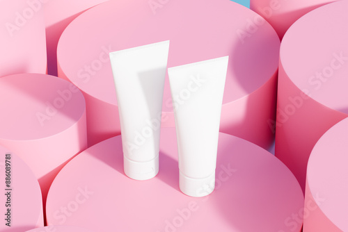 Minimalist rendering of two empty white facial cosmetic tube on pink cylindrical background for product mockup presentation display