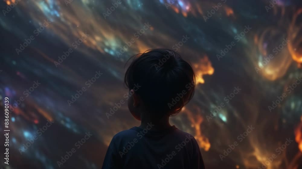 Back view curious child boy watching colorful galaxy, starry space motion Back view curious child boy watching colorful galaxy, starry space motion