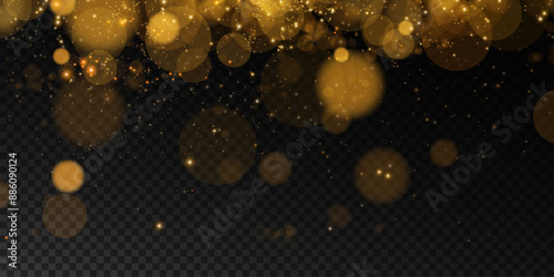 Luminous bokeh, softly shimmering with gold dust and bright star particles. Light abstract glowing lights. Glowing bokeh effect isolated on dark background. Christmas background made of glowing dust.	