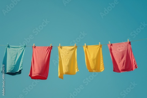 Five Colorful Towels Drying on a Clothesline in Sunny Weather