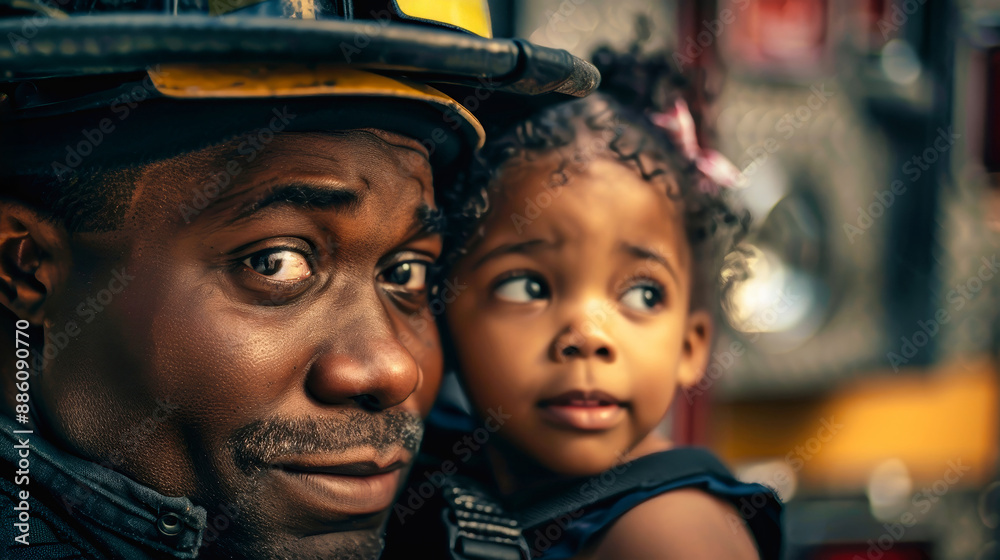 A close-up portrait of a firefighter looking intently at a young girl. The image captures the tenderness and care in his eyes A close-up portrait of a firefighter looking intently at a young girl. The image captures the tenderness and care in his eyes