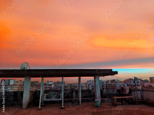 The beautiful sunset on the rooftop.