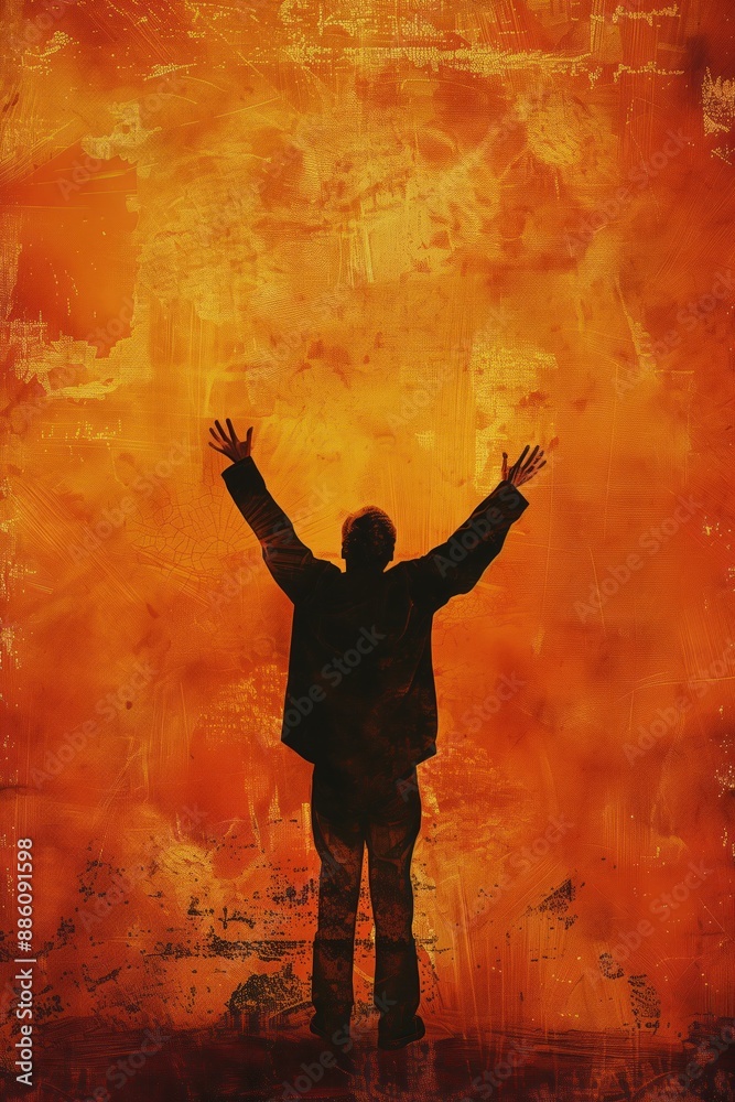 Asian man stands in front of abstract painting with arms raised in worship. Faces right side of frame, contrasting with warm orange and yellow hues. Old canvas background creates energetic atmosphere. Asian man stands in front of abstract painting with arms raised in worship. Faces right side of frame, contrasting with warm orange and yellow hues. Old canvas background creates energetic atmosphere.