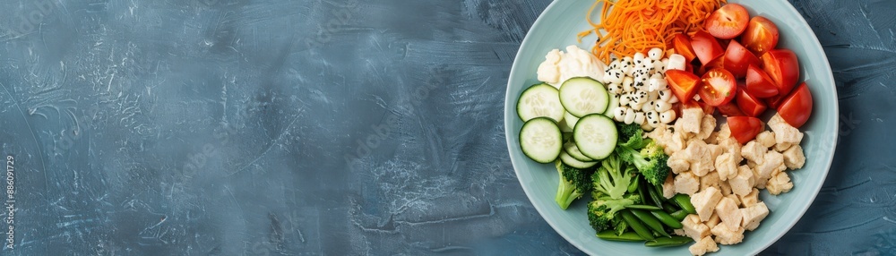 A colorful fresh salad with cucumbers, carrots, tomatoes, chicken, and lettuce on a blue plate against a dark rustic background. A colorful fresh salad with cucumbers, carrots, tomatoes, chicken, and lettuce on a blue plate against a dark rustic background.