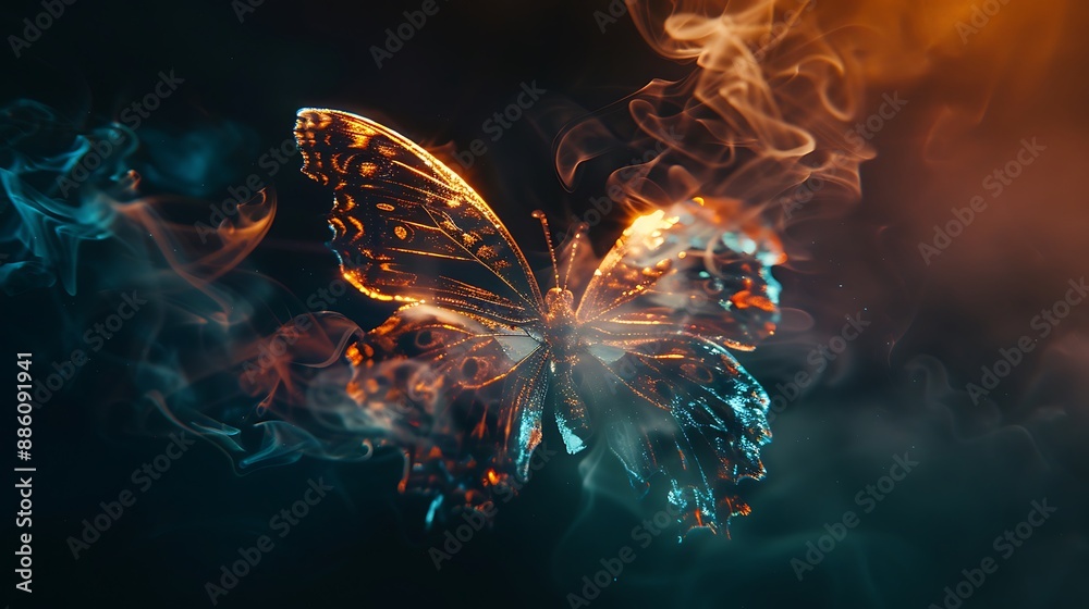 Shining butterfly with frosted paper wings on a dark background, gradient orange and sapphire smoke, simple, minimalistic, and ethereal Shining butterfly with frosted paper wings on a dark background, gradient orange and sapphire smoke, simple, minimalistic, and ethereal