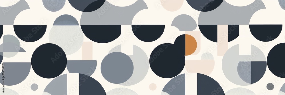 Fototapeta premium A white background with many overlapping circles in black, gray, and a single orange circle