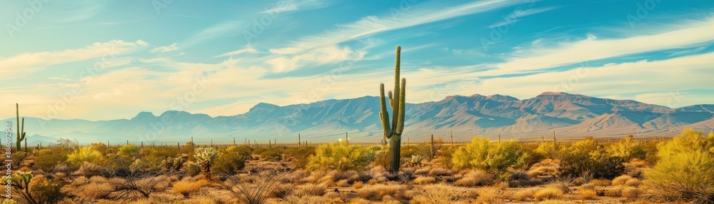 A panoramic view of a desert landscape with a lone cactus in the foreground and distant mountains under a bright, blue sky. A panoramic view of a desert landscape with a lone cactus in the foreground and distant mountains under a bright, blue sky.