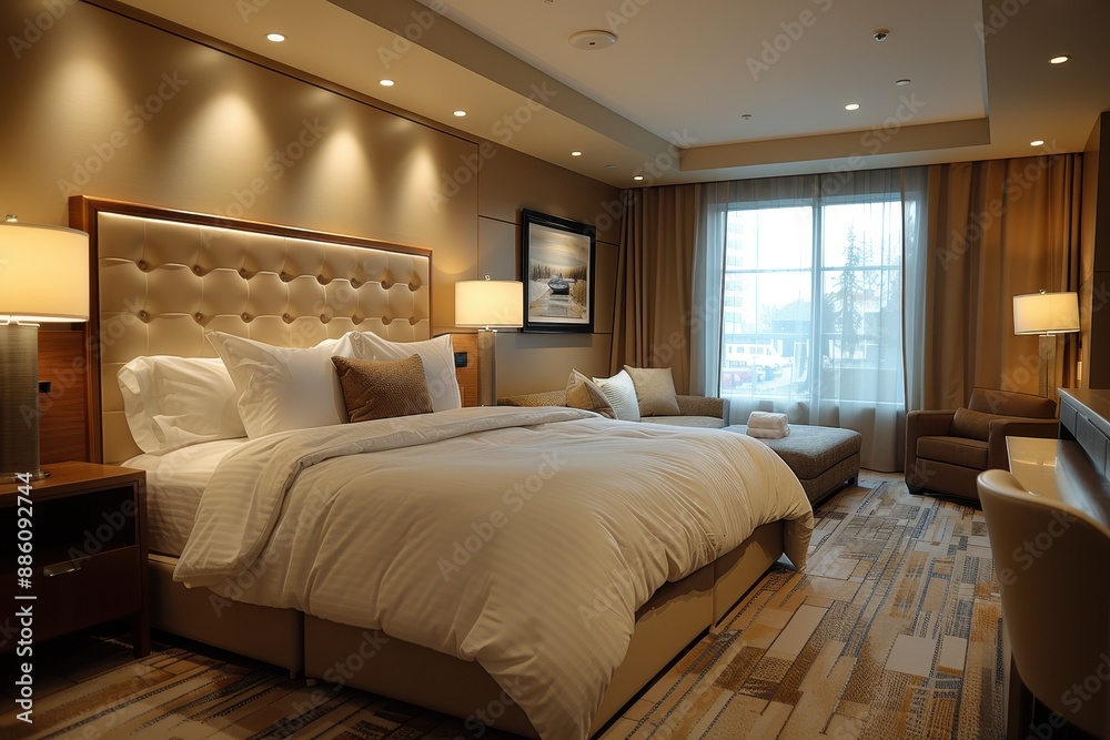 Hotel Room With Modern Minimalist: Clean lines, neutral colors, and uncluttered space with sleek furniture Hotel Room With Modern Minimalist: Clean lines, neutral colors, and uncluttered space with sleek furniture