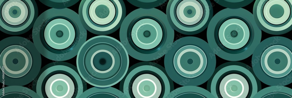 A close-up view of a patterned banner featuring teal and white concentric circles on a black background