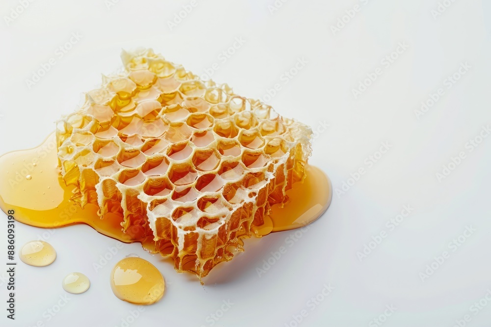 A piece of natural honeycomb with melting honey, isolated on a white background. AI generated images. A piece of natural honeycomb with melting honey, isolated on a white background. AI generated images.