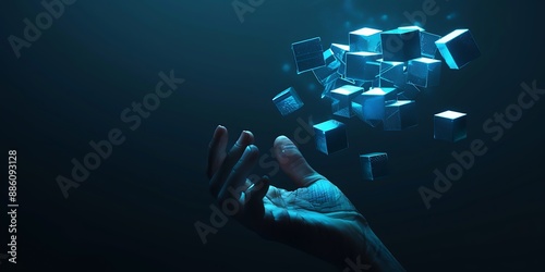 A hand holding glowing blue cubes on a dark background, depicting a technology concept for digital transformation and online business and social media marketing. photo