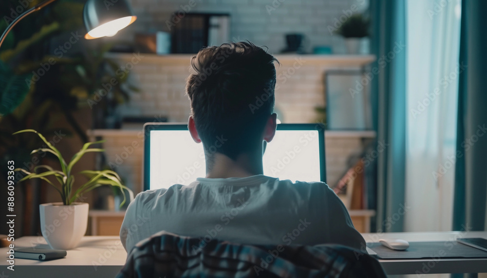 Over-the-shoulder shot of a young man using a laptop with a blank white screen at home