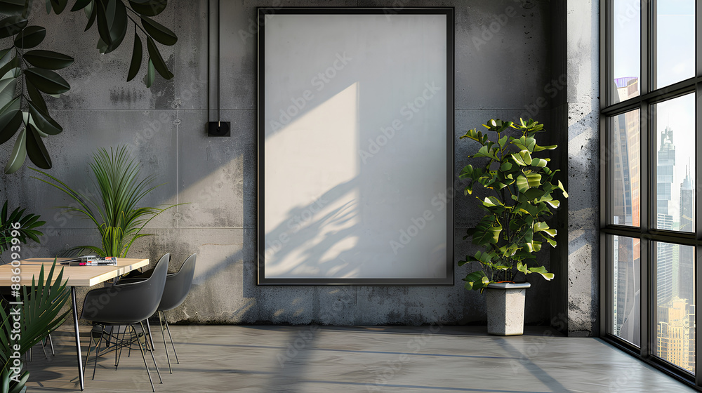An empty poster frame in a modern office interior, on a concrete wall, with natural light from windows, concept of advertising space. Generative AI Stock Illustration An empty poster frame in a modern office interior, on a concrete wall, with natural light from windows, concept of advertising space. Generative AI Stock Illustration