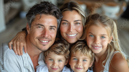 Portrait of a happy European family: dad, mom, daughter and two sons hugging each other, photo