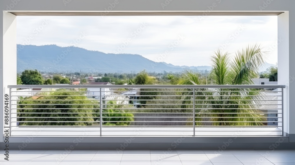 Fototapeta premium Modern apartment balcony featuring aluminum railings, creating a cozy and inviting outdoor space