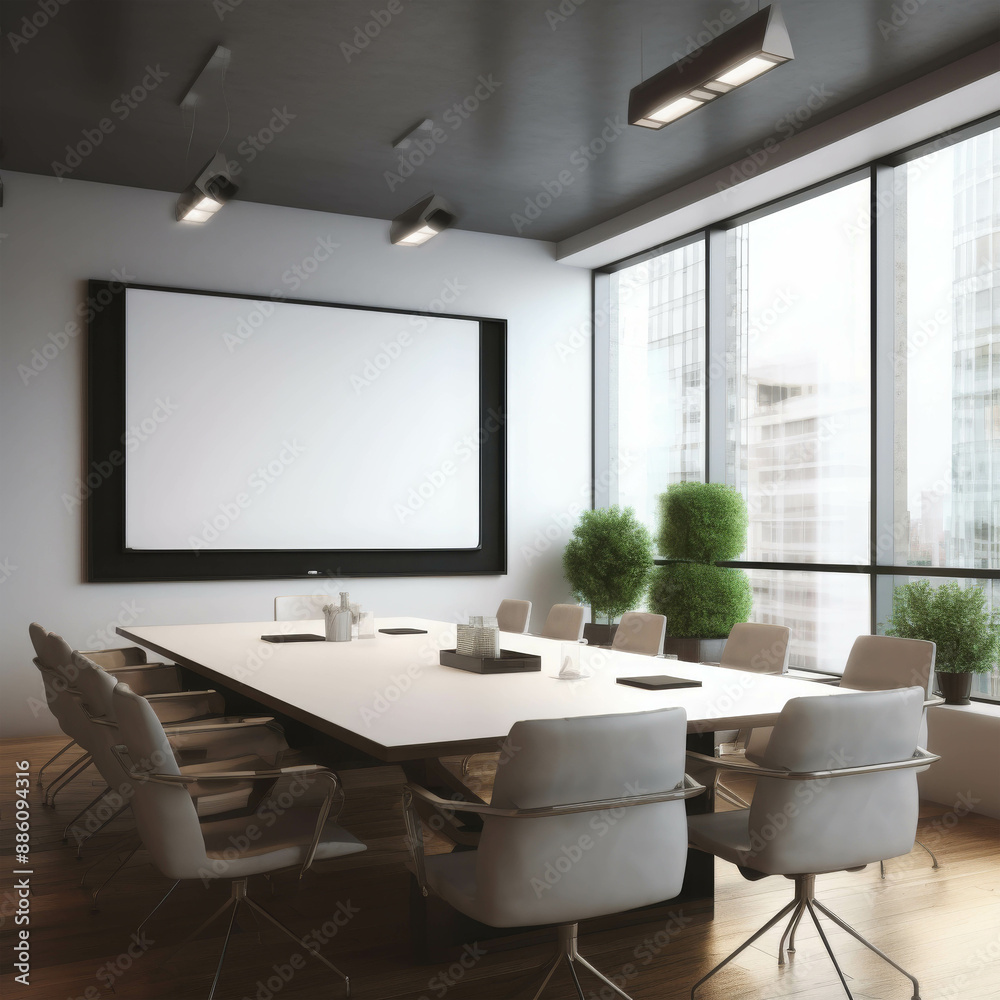 Modern Conference Room with a Large Projection Screen, Bright Natural Light, and Neatly Arranged Chairs and Table Modern Conference Room with a Large Projection Screen, Bright Natural Light, and Neatly Arranged Chairs and Table